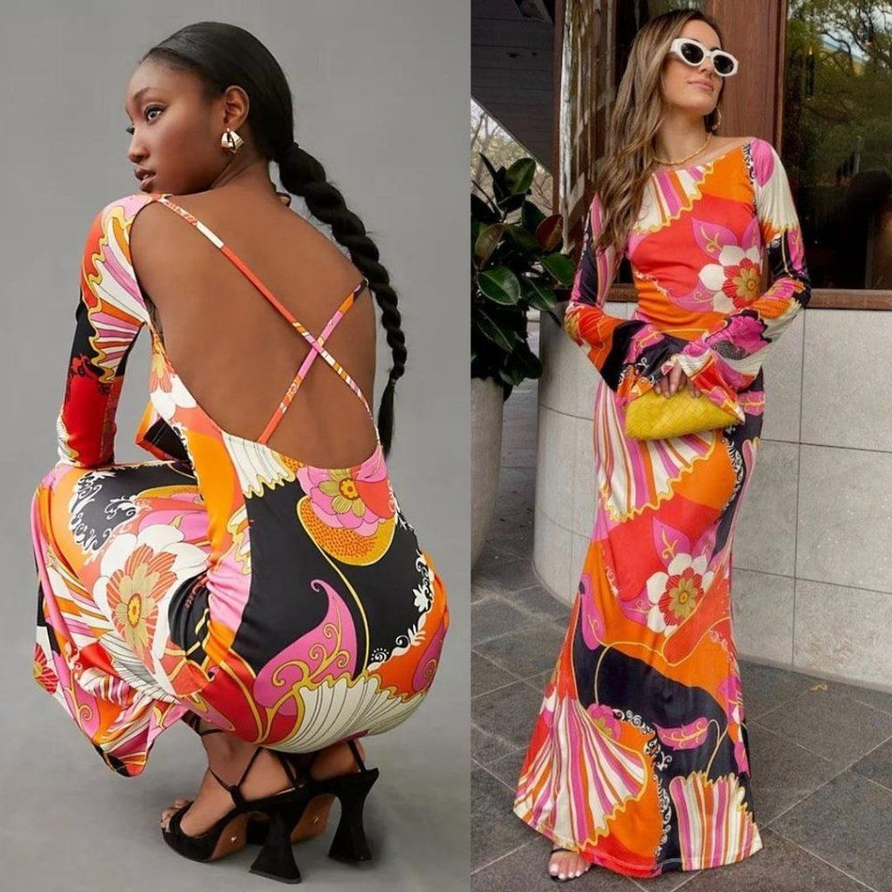 Ronny Kobo Zella Maxi Dress Floral Long Sleeve with Cut Outs